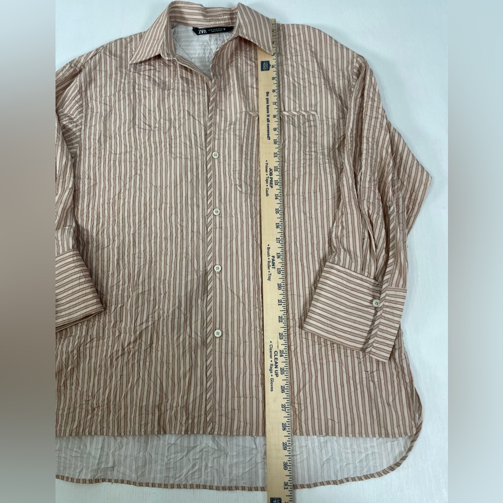 Zara Oversized Button Down Shirt Wrinkle Style Tan Apricot Striped Women’s‎ XS - Picture 13 of 16